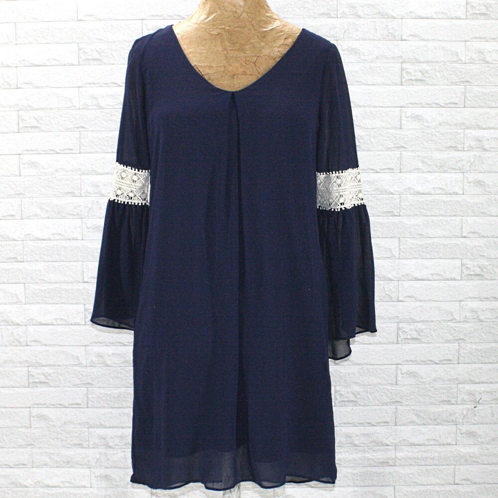 BY & BY Dress Mini Chiffon Lace Sheer Overlay Long Bell Sleeve Navy Blue Flowy M
